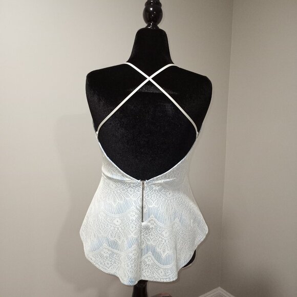 MYSTIC HALTER NECK BACKLESS PEPLUM TOP LIGHT BLUE AND WHITE SZ M - Picture 3 of 6